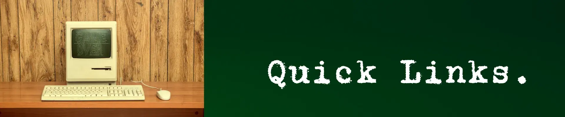 Vintage computer from the 1980s and text on a green background