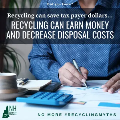 woman in blue writing report with text Recycling Can Earn Money and Decrease Disposal Costs