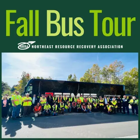 Image of bus with solid waste operators in front and title, "Fall Bus Tour"