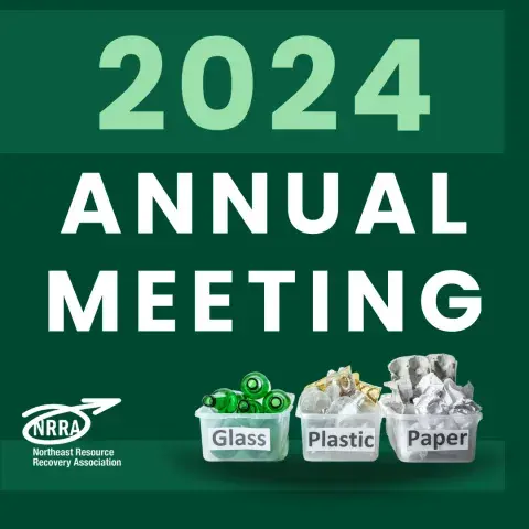 2024 annual meeting with image of full recycling bins with glass, plastic, and paper