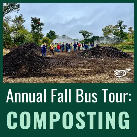 Annual Fall Bus Tour Composting with image of people looking at compost piles
