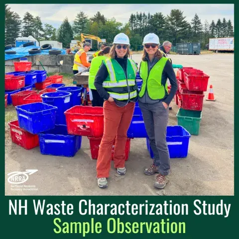 Two women standing in front of a waste sorting table and bins with text NH Waste Characterization Study Sample Observe