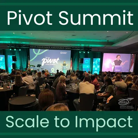 Image of people listening to a conference presenter and text Pivot Summit: Scale to Impact