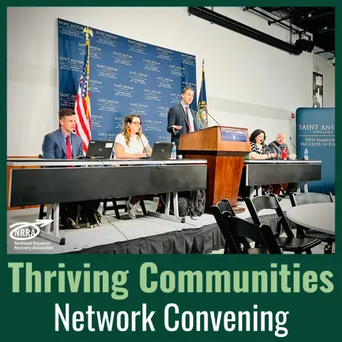 Image of man speaking with panelists on either side of him. Text reads Thriving Communities Network Convening