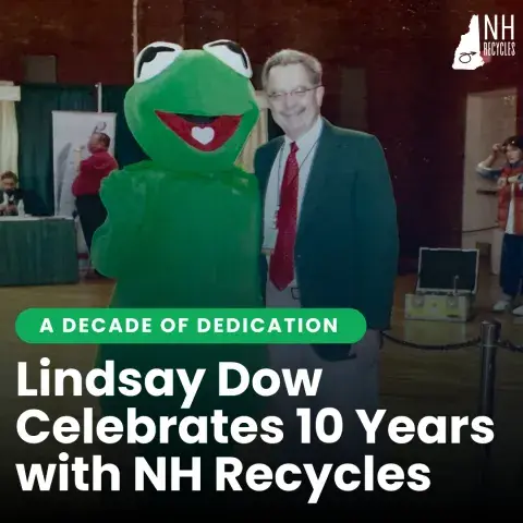Image of person in frog outfit with text overlay reading "Lindsay Dow Celebrates 10 Years with NH Recycles"