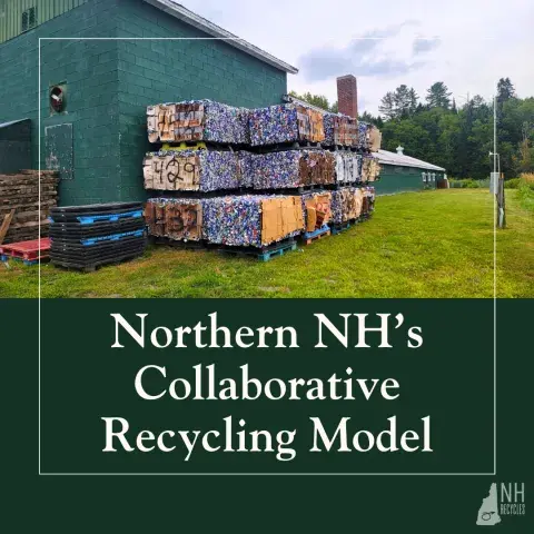 bales of recycling next to a green building with text
