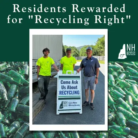 three transfer station operators with an "ask us about recycling" sign