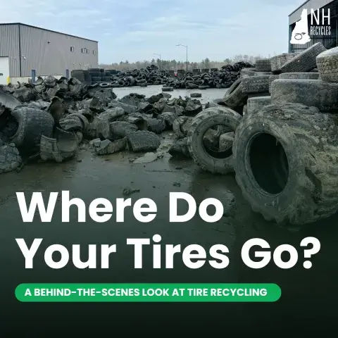Yard of tires and text overlay