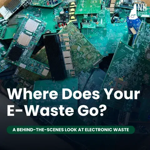 pile of computer boards in a box with text reading "where does your e-waste go?"