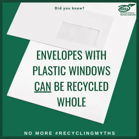 Text: Envelopes with plastic windows can be recycled whole. Photo: Envelope with plastic window.