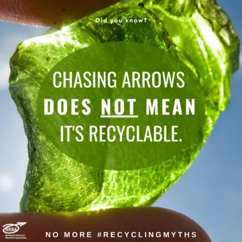 Text: Chasing arrows does not mean it's recyclable. Photo: Someone holding a piece of broken glass.