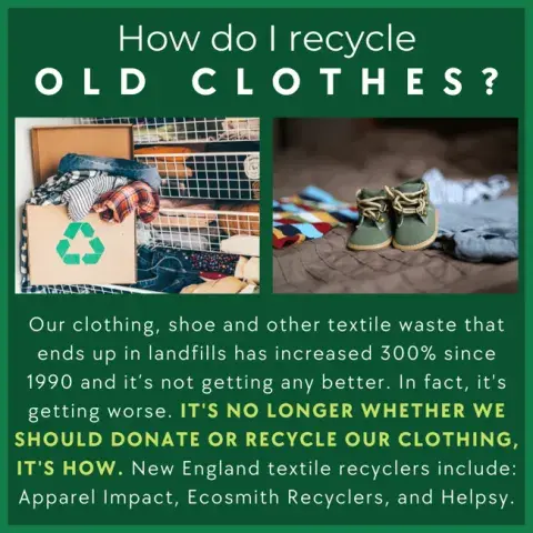 Image of clothing in a recycling box with text, "how do I recycle old clothes?"