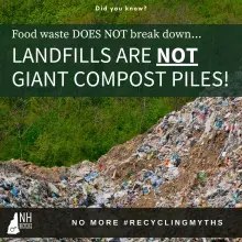Text:  Landfills are not giant compost piles.  Photo:  A pile of garbage.