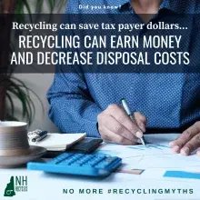 woman in blue writing report with text Recycling Can Earn Money and Decrease Disposal Costs