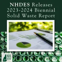 NHDES releases 2023-24 biennial solid waste report with image of green glass bottles and green report tables