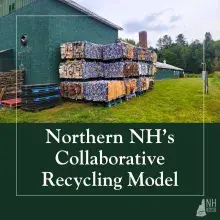 bales of recycling next to a green building with text