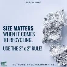 Text: Size matters when it comes to recycling.  Use the 2 inch by 2 inch rule.  Photo:  Pieces of crumpled tin foil.