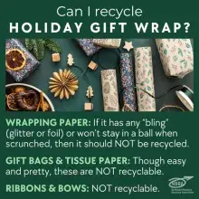 "Can I recycle holiday gift wrap" with image of wrapping paper and dried oranges on a green background