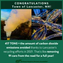 Congratulations Town of Lancaster with photo of factory steam stack next to photo of heavily trafficked highway