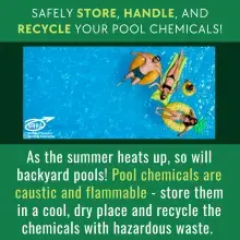 Text : "Safely store, handle, and recycle your pool chemicals" with image of 3 adults and 1 child in pool with floaties