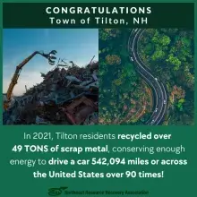 Congratulations Town of Tilton and photo of excavating machine with large grapple claw next to photo of a road with cars on it