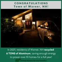 Congratulations Town of Warner with photo of a house lit up at night