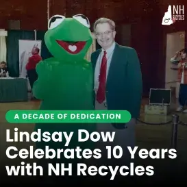 Image of person in frog outfit with text overlay reading "Lindsay Dow Celebrates 10 Years with NH Recycles"