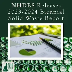 NHDES releases 2023-24 biennial solid waste report with image of green glass bottles and green report tables