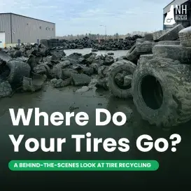 Yard of tires and text overlay