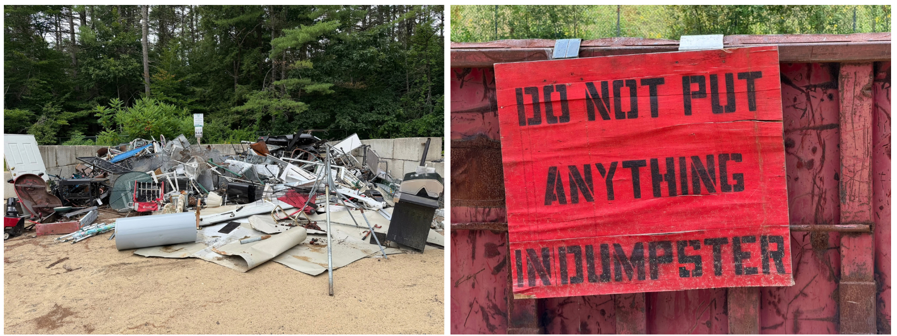 scrap metal pile and a warning sign