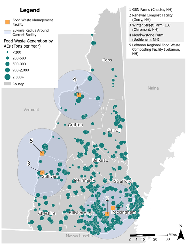 Affected entities located within 20 miles of a New Hampshire food waste management facility
