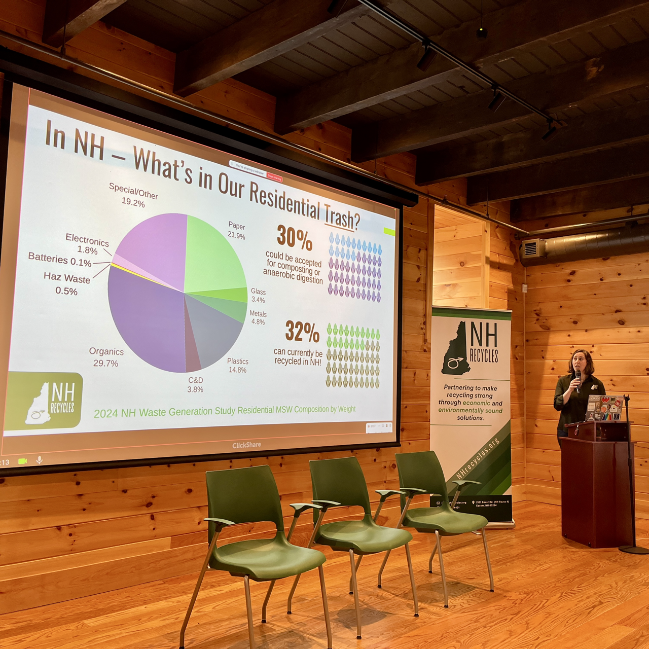 pie chart showing what makes up residential trash in NH and woman standing at podium presenting