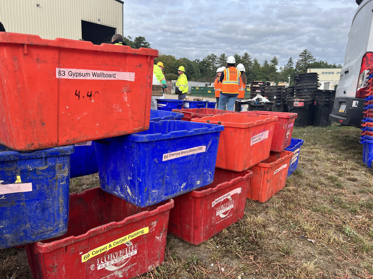 close up of red and blue sorting bins