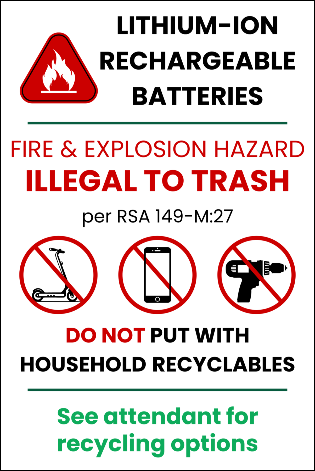 lithium-ion battery disposal ban sign