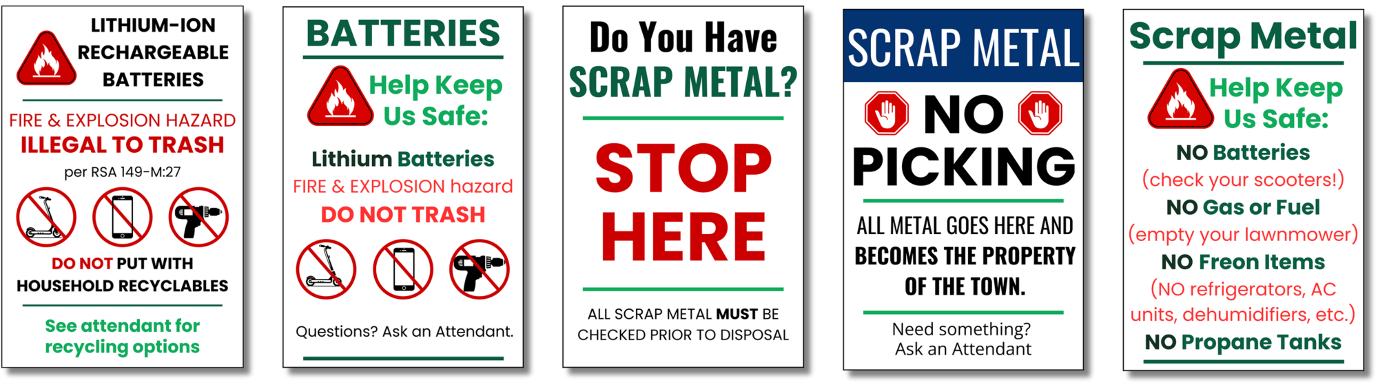 Five scrap metal and battery sign options