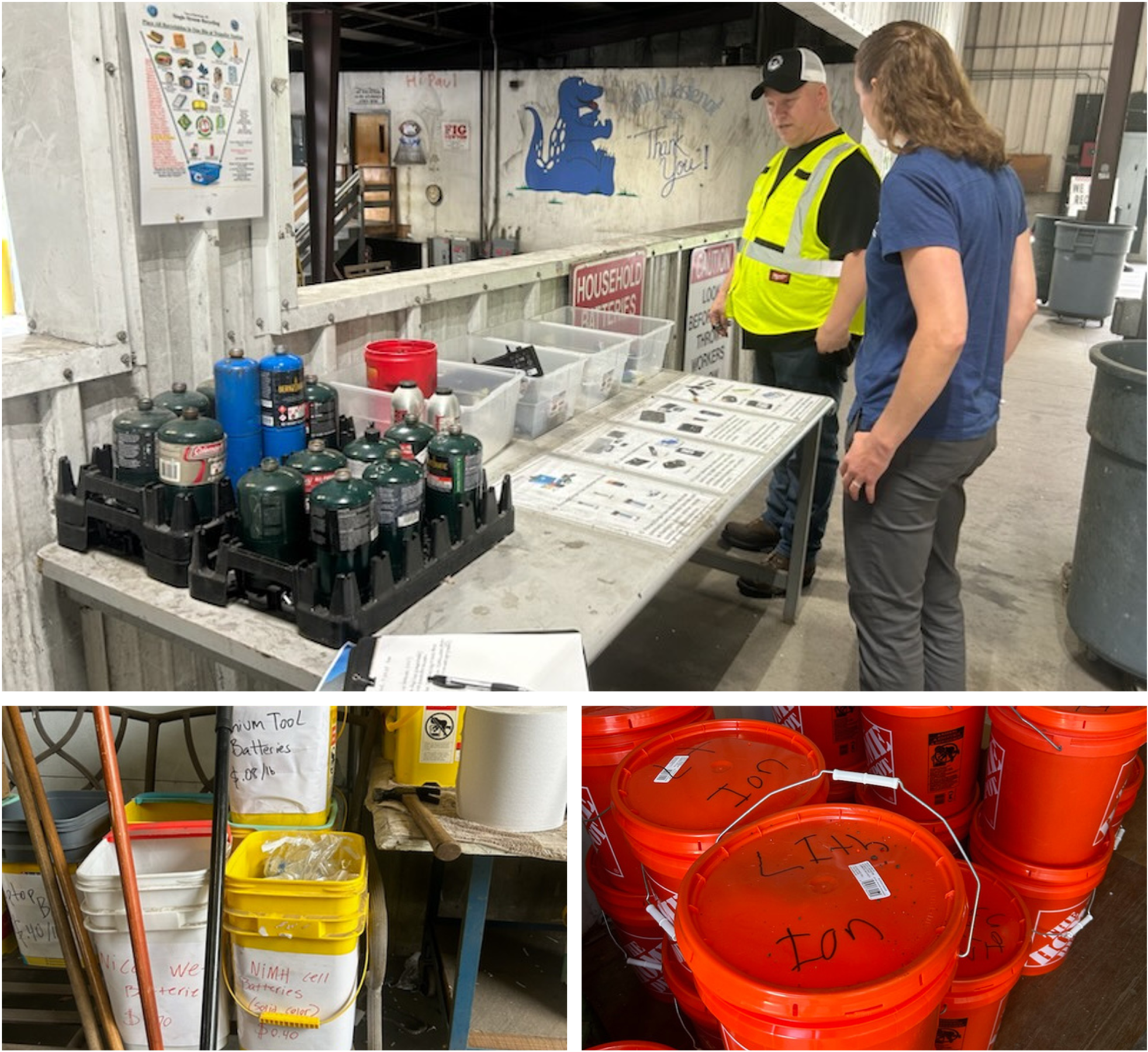 Three images of battery separation, one on a table and two in buckets