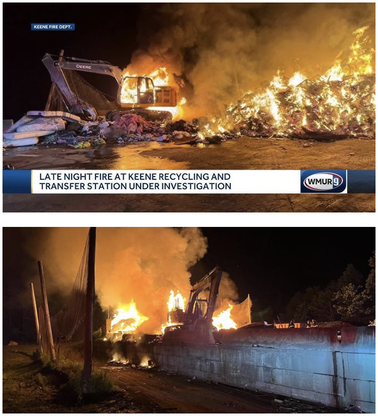 two images of fire at a transfer station at night