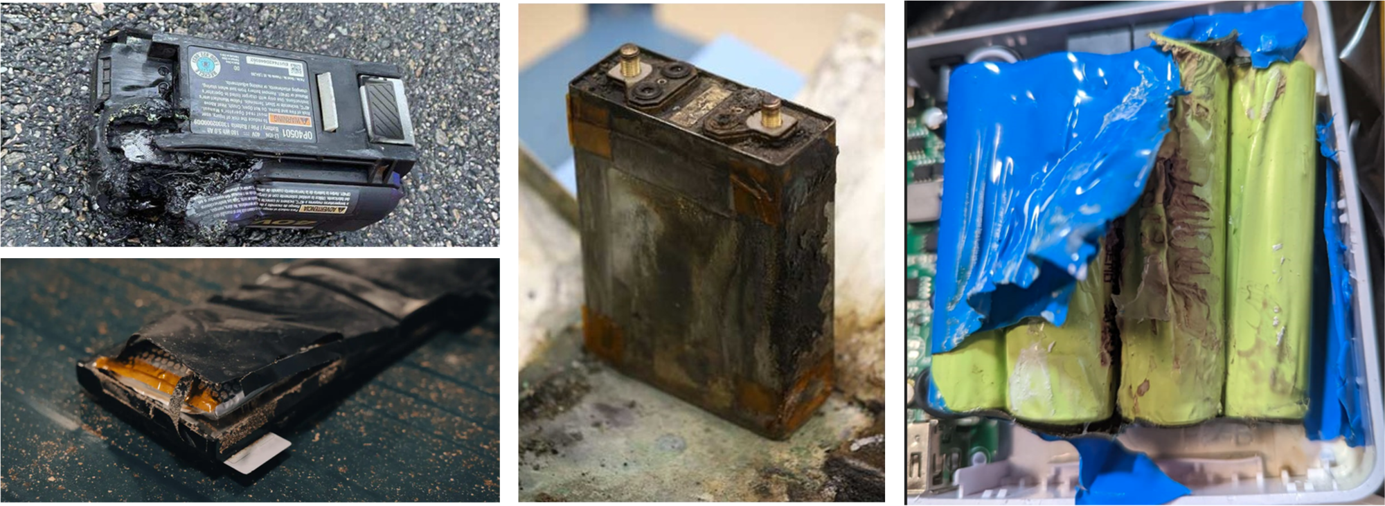 four pictures of burned lithium-ion batteries