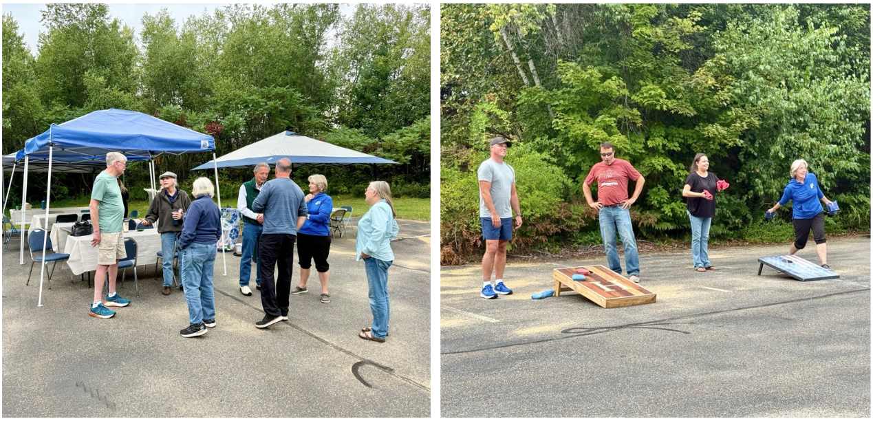 longtime members and staff playing cornhole
