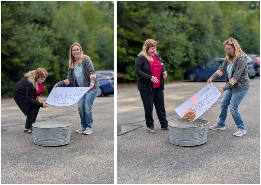 Paula and Kim burning the fake mortgage check