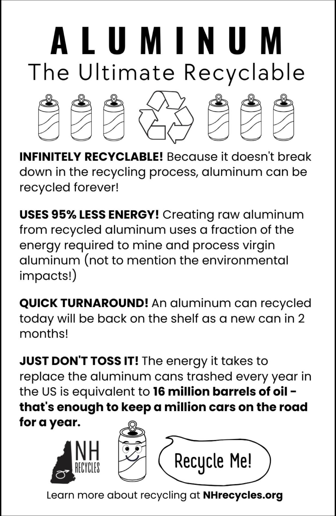 Aluminum handout flyer with cartoon aluminum can saying "recycle me!"